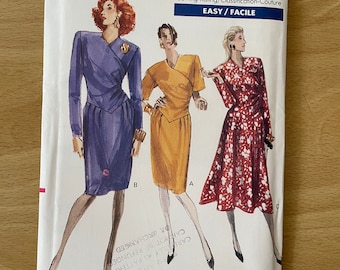 Vogue 7344 vintage 80s crossover, shaped front dress with slim or full skirt and sleeves sewing pattern