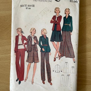 Butterick 6755 vintage 70s shirt jacket with convertible collar, A-line skirt and straight trousers sewing pattern