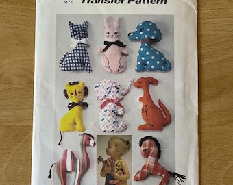 Simplicity 5723 vintage 70s stuffed toys including a Kangaroo, Rabbit, Cat, Dog, Elephant, Horse, Camel and Lion