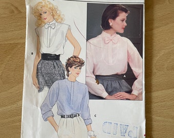 Butterick 6016 Vintage 80s Loose-fitting blouse with buttoned closing, sleeves and standing collar and bow Sewing Pattern