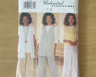 Butterick 3318 vintage 90s button up vest with V-neck and top with back neck slit and sleeves plus straight legged pants sewing pattern