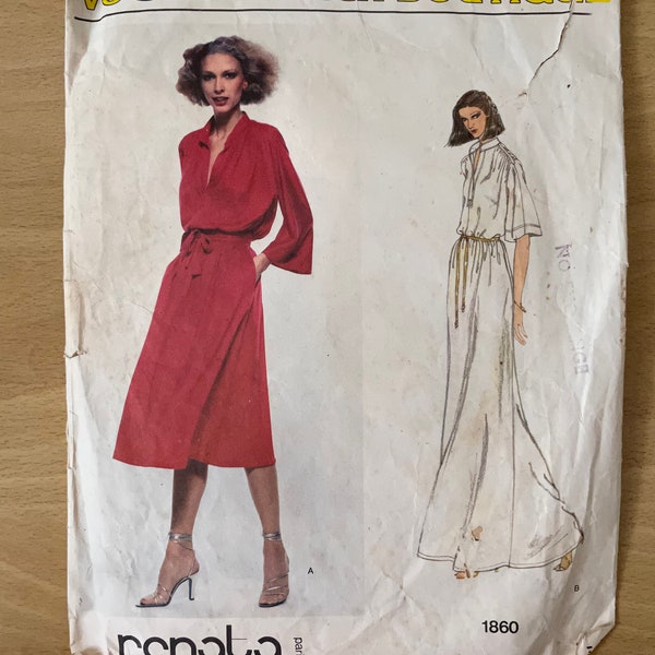 Vogue 1860 French Boutique Renata vintage 70s loose dress with shoulder bands, round neckline, gathered bodice and full skirt sewing pattern
