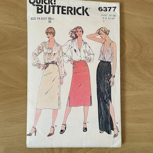 Butterick 6377 vintage 80s straight skirts with waistband, side hemline slit and side button trim sewing pattern