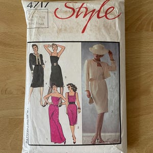 Stil 4717 Vintage 80er Jahre taillenlange Jacke mit Kontrastband, gerades Kleid mit Schulterträgern oder trägerloses entbeintes Mieder Schnittmuster