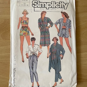 May include: Simplicity sewing pattern number 7380 for sizes 6-8-10 and European sizes 34-36-38. The pattern includes four different outfits: a white shirt with striped trousers, a plaid shirt with a matching skirt, a striped shirt with shorts, and a plaid robe.