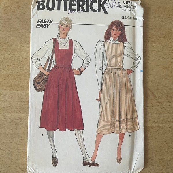 Butterick 6671 vintage 80s semi-fitted and flared, jumper dress with waistband, neckline variations, side pocket and pocket sewing pattern