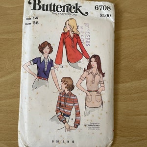 Butterick 6708 vintage 70s fitted shirt with contrast collar, buttoned closing, shirttail hem, sleeves, pockets and epaulet sewing pattern