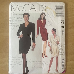 McCall’s 5719 vintage 90s semi fitted front wrap dress with button closure, sleeves and draped front sewing pattern
