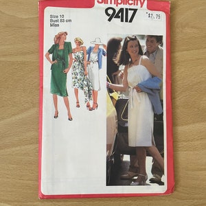 Simplicity 9417 vintage 80s sundress with crossover shoulder straps, elastic waist, slit and boxy jacket with turn back cuffs sewing pattern