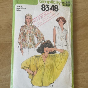 Simplicity 8348 vintage 70s top with gathered yoke, extended shoulders, front button closure standing collar and wing sleeves sewing pattern