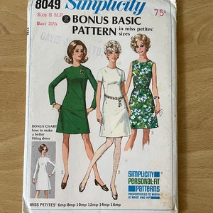 May include: Simplicity sewing pattern number 8049 for a dress in miss petite sizes. The pattern is for a bonus basic pattern and includes a chart for making a better fitting dress. The pattern costs 75 pence.