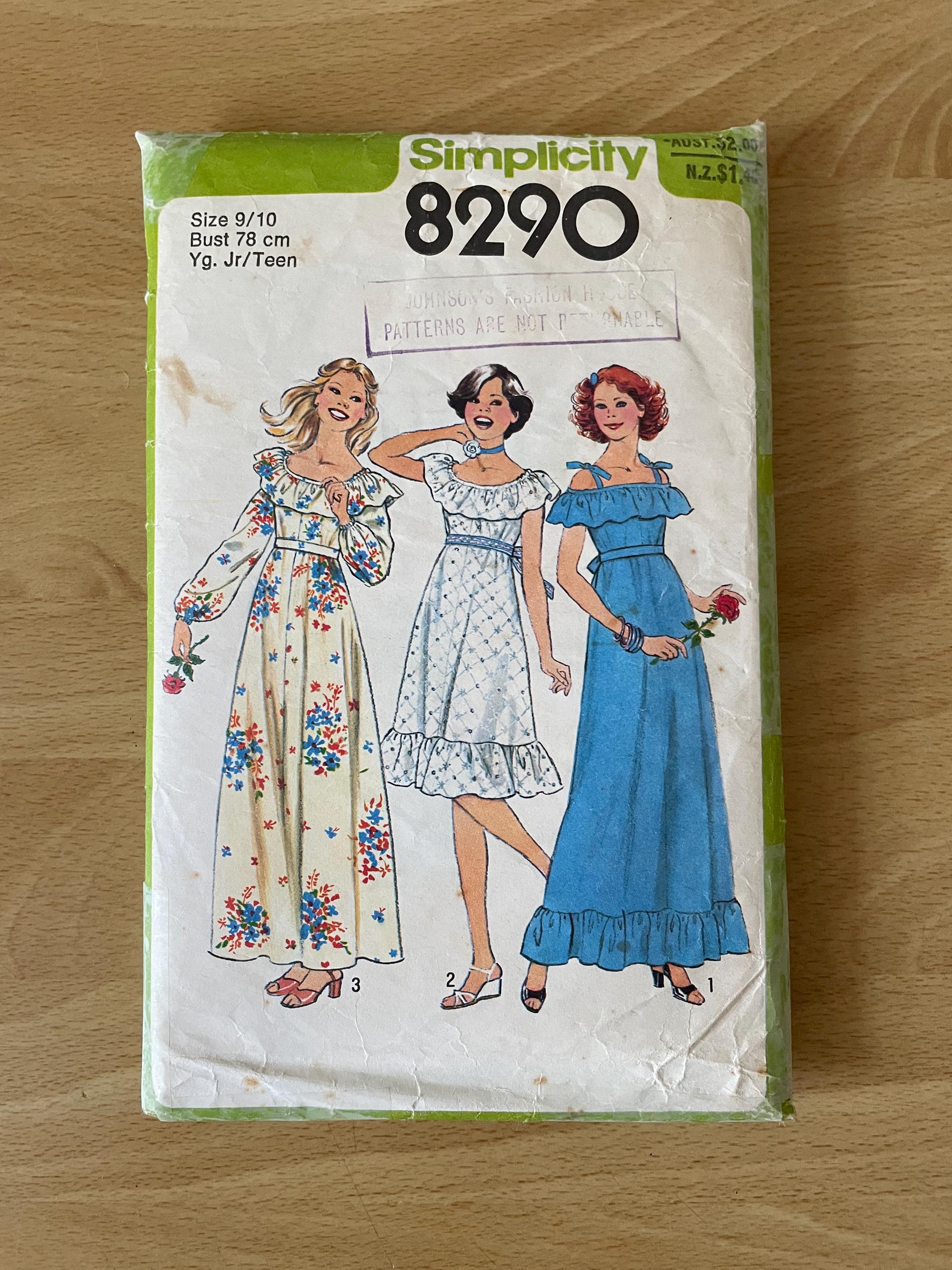 Simplicity 8290 vintage jaren 70-jurk met elastische schouders, gegolfde halslijn, optionele schouderbanden, riem en optioneel naaipatroon mouwen