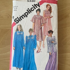 May include: Simplicity sewing pattern number 5330 for a medium size 14-16 miss. The pattern includes instructions for making four different styles of long nightgowns. The nightgowns are shown in blue, pink, and purple.