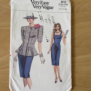 Vogue 9912 vintage 80s fitted jacket with peplum, dress and fitted skirt with shoulder straps sewing pattern