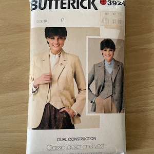 Butterick 3924 vintage 80s jacket with notched collar and lapels, pockets and sleeves plus vest sewing pattern