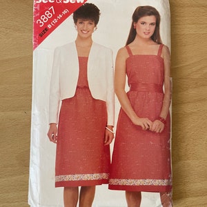 Butterick 3887 ヴィンテージ 80 年代ジャケット、カーディガン ネックライン、シェイプ ヘム、スリーブ、ショルダー ストラップとポケット付きドレスの縫製パターン