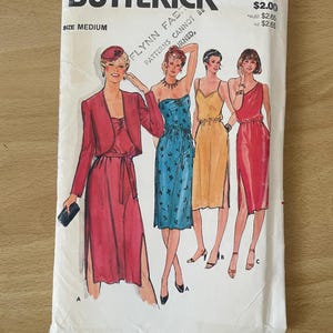 Butterick 6842 ヴィンテージ 80 年代ジャケット カーディガン プラス ドレス、V ネック ストラップ、非対称の片方の肩、ギャザー入り伸縮性のあるバストの縫製パターン