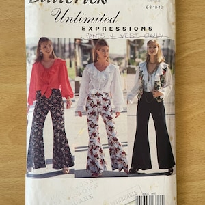 Peut inclure: Un patron de couture vintage pour un pantalon et un gilet. Le patron est de Butterick Unlimited Expressions et est pour les tailles 6-8-10-12. Le patron montre trois femmes portant différents styles de pantalons et de gilets.