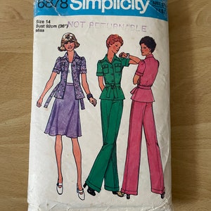 Prostota 6878 vintage 70s top zapinany na guziki z kołnierzykiem w szpic, paskiem, kieszeniami i rękawami plus spódnica w kształcie litery A i rozkloszowane spodnie wzór do szycia