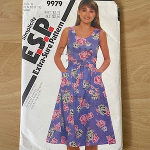 Simplicity 9979 vintage 80er Jahre Tailliert Sonnenkleid mit gerafftem Rock und Taschen Schnittmuster