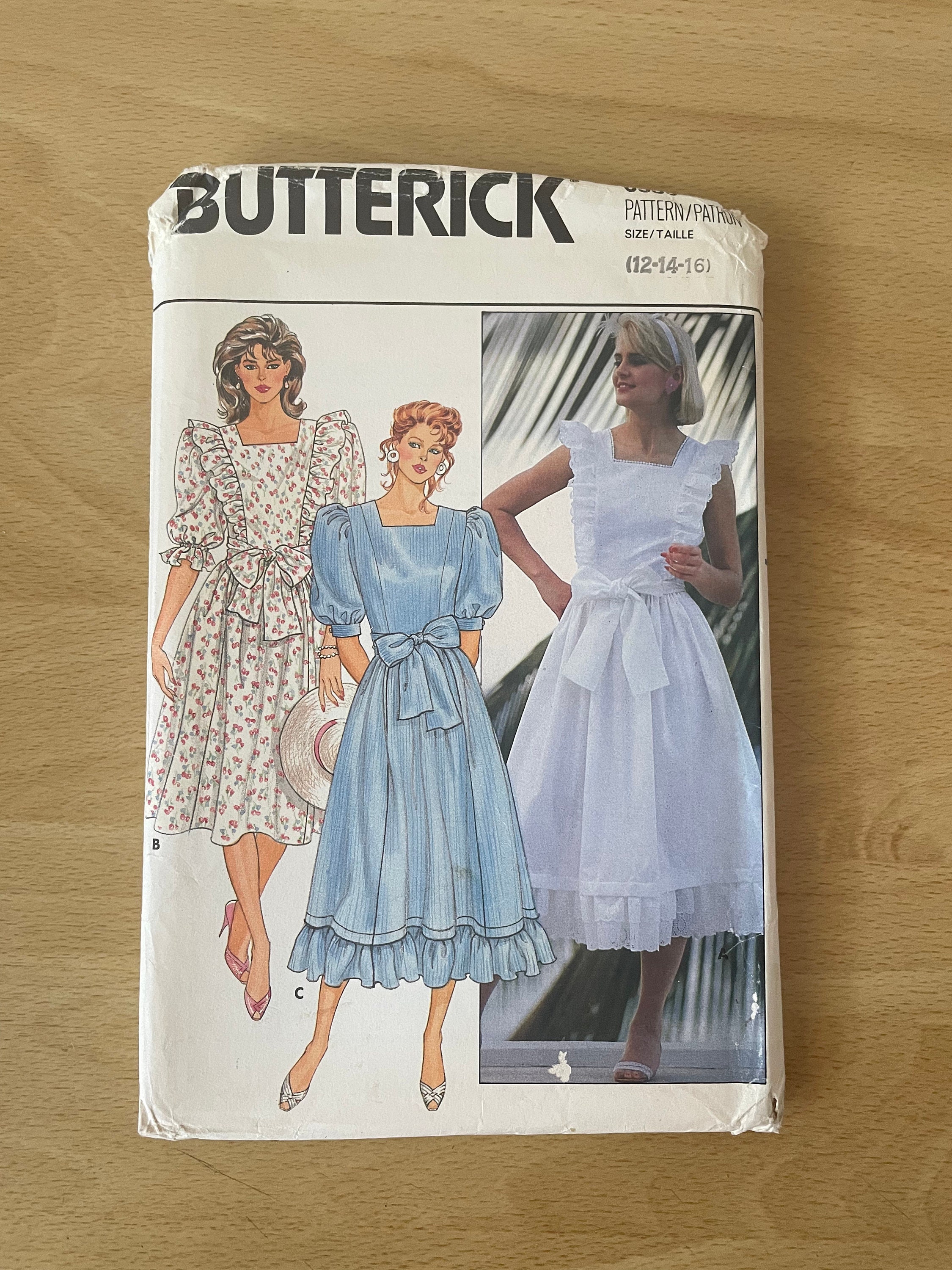 80s Dresses Style Butterick 6538 Vintage 80s Dress With Fitted Bodice,  Ruffles, Flared Skirt, Pockets, Sash,