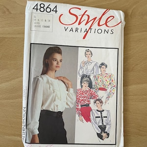 Style 4864 vintage 80s button up shirt blouse with neckline variations including, ruffle and bow plus pockets and sleeves sewing pattern