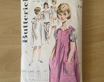 Butterick 2486 vintage 60s nightgown or top with round neckline, yoke, optional puffy sleeves and pockets plus straight pants sewing pattern