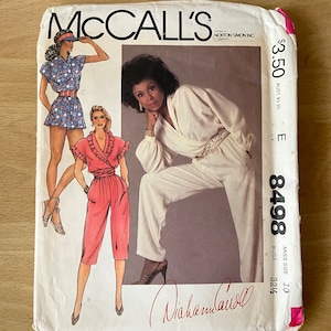 McCall’s 8498 vintage 80s jumpsuit with cross over shawl collar, elastic waist, pockets, sleeves, ruffles and sash sewing pattern