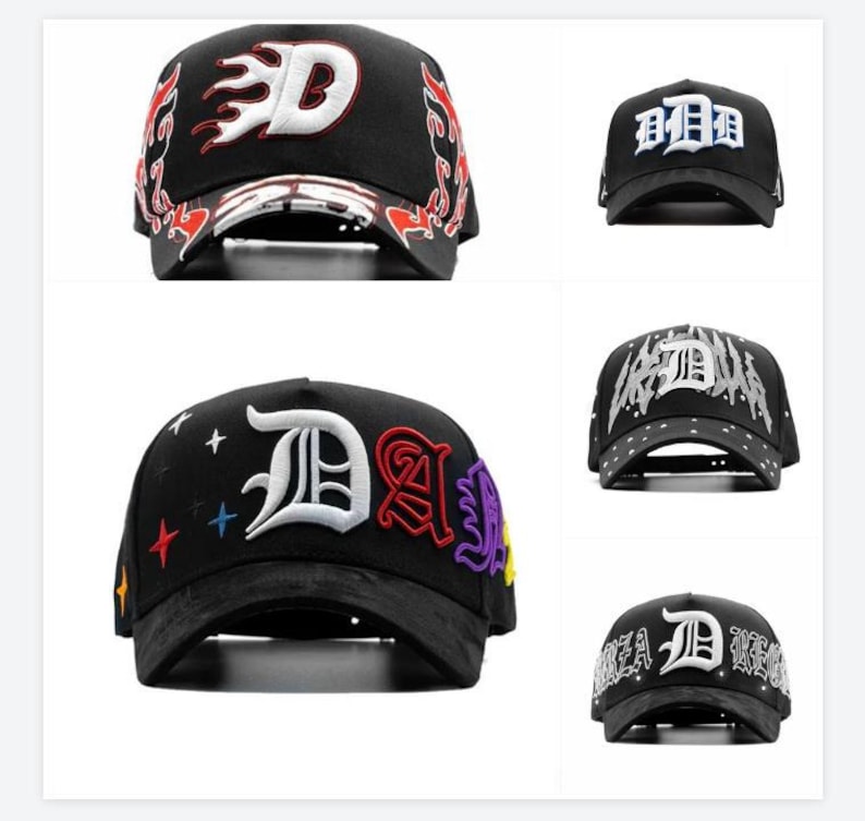 May include: Black baseball caps with embroidered designs. One cap features a white "D" with flames, while others display "D" and other letters in various colours. Some caps have star accents.
