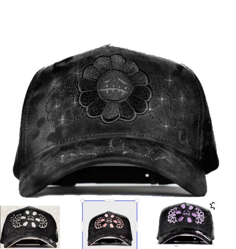 May include: A black baseball cap featuring a large embroidered flower design on the front panel. The flower has a sad face with stitched eyes and a mouth. The cap has a distressed, textured finish and includes smaller floral outlines on the sides.