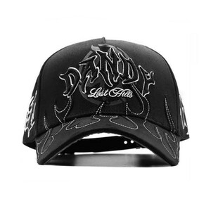May include: Black baseball cap with white embroidered flames and text. The cap features the text "Dandy" in a stylized font above "Lost Hills". The brim and sides have flame designs.