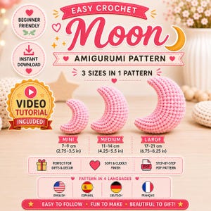 Peut inclure: Un modèle de crochet numérique pour un jouet amigurumi en forme de lune, disponible en trois tailles : mini (7-9 cm), moyen (11-14 cm) et grand (17-21 cm). Les lunes roses texturées sont présentées avec un tutoriel vidéo inclus.