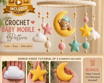 Haakpatroon voor een babymobiel (PDF) | Slaperige beer, maan, sterren en wolken | Babykamermobiel, wiegmobiel, amigurumi teddybeer, kraamcadeau