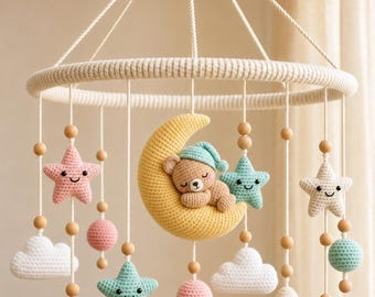 Padrão de crochê para móbile de bebê em PDF | Urso sonolento, lua, estrelas e nuvens | Móbile para berço, móbile para berçário, ursinho amigurumi, presente para chá de bebê