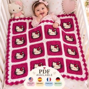 Kitty Applique Baby Blanket Crochet Pattern, Cat Face Granny Square PDF, Easy Beginner Nursery Afghan Instant Download, 4 languages