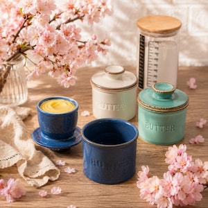 May include: Three ceramic butter crocks in blue, cream, and teal, each embossed with the word BUTTER. One blue crock is open, one blue crock holds yellow butter, and a tall glass measuring jar with a bamboo lid stands in the background.