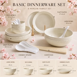 May include: A cream-colored ceramic dinnerware set including four rice bowls, two flat plates, two deep plates, one large bowl, four ceramic spoons, and four chopsticks. The pieces feature embossed text like 'CHEERFUL', 'SWEET DAY', and 'ROMANTIC'.