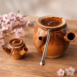 May include: Two brown ceramic vessels with lids and side spouts, each featuring a long, thin, straight metal handle extending from the side. The vessels have a glossy, mottled brown finish and are accompanied by light pink cherry blossom flowers.