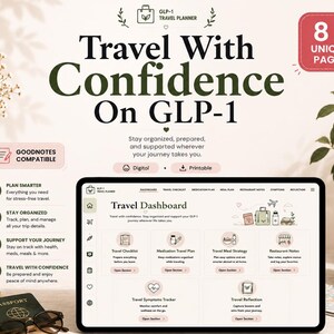 Agenda de voyage GLP-1 pour GoodNotes | Ozempic Mounjaro Wegovy Zepbound Registre des médicaments | Guide de voyage et suivi des symptômes Sémaglutide numérique