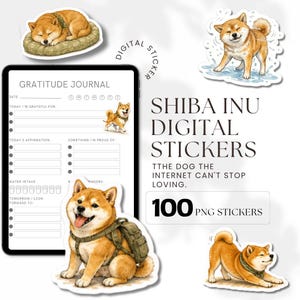 Pode incluir: Uma coleção de adesivos digitais Shiba Inu. Os adesivos apresentam ilustrações do cão em várias poses, incluindo dormindo, brincando na água e usando uma mochila. A imagem também inclui um modelo de diário de gratidão digital.