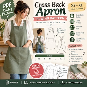 Pode incluir: Um molde de costura digital em PDF para um avental de costas cruzadas em estilo japonês. A imagem exibe o avental acabado em verde-oliva com um bolso frontal, desenhos técnicos, intervalo de tamanhos XS-XL e folhas de instruções.