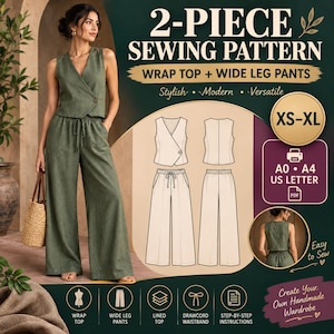 May include: A 2-piece sewing pattern for a wrap top and wide leg pants. The graphic displays technical line drawings of the garments, size range XS-XL, and file formats A0, A4, and US Letter. Text includes 2-PIECE SEWING PATTERN, WRAP TOP + WIDE LEG PANTS.