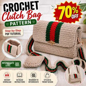 May include: A beige crochet clutch bag pattern featuring a central vertical stripe in red and green with a gold bee emblem. The design includes a matching shoulder strap with red and green accents, presented as a step-by-step PDF tutorial.