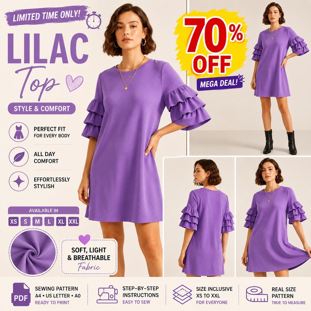 Pattern For Sleeves Ruffle Sleeve Dress Sewing Pattern PDF / Tiered Flounce Sleeve Shift ...