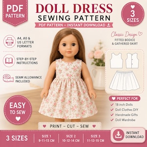 Doll Dress Sewing Pattern PDF | Doll Clothes Pattern | Printable Dress Pattern | DIY Doll Dress  3 Sizes  A4 A0 US Letter | Instant Download