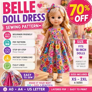 Belle Doll Dress Sewing Pattern PDF, Princess Doll Clothes Pattern, 18 Inch Doll Dress, Disney Inspired Doll Outfit, Beginner Sewing Pattern