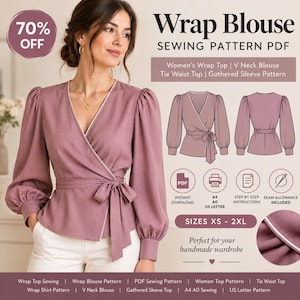 Puede incluir: Una blusa cruzada de color malva con mangas largas fruncidas, cuello en V y lazo en la cintura. La imagen incluye texto: Wrap Blouse Sewing Pattern PDF, 70% OFF, Sizes XS-2XL, e ilustraciones técnicas de la parte delantera y trasera.
