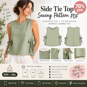 May include: A sage green sleeveless top with side ties, presented as a PDF sewing pattern. The image includes technical sketches of the front and back, close-ups of the neckline, armhole, side tie, and hem, plus text detailing sizes XXS-4XL.