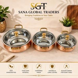 Handmade Copper Serving Handi with Glass Lid | Brass Handle Casserole | Indian Dinnerware | Tableware Gifts