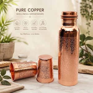 May include: A metallic copper water bottle and two matching cups, each featuring an intricate floral pattern. The bottle has a screw-top lid. Text on the image reads: PURE COPPER WELLNESS DRINKWARE, Ayurvedic Benefits, Boosts Immunity, Detoxifies Naturally, Eco-Friendly & Sustainable, Sip Wellness. Live Better.